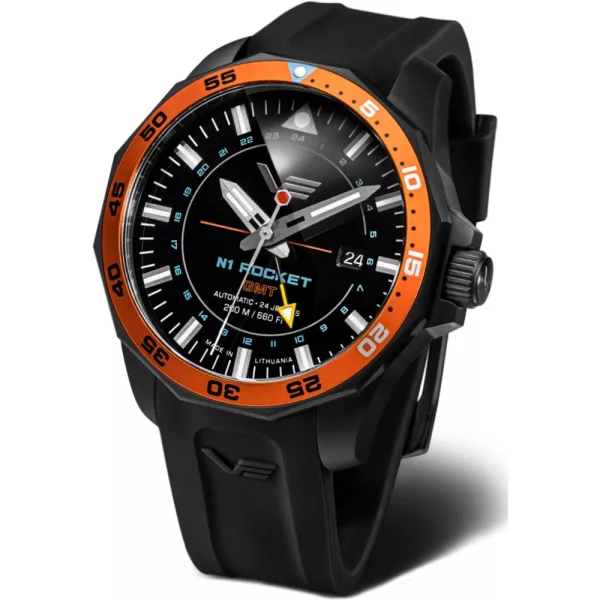Vostok Europe N1 Rocket GMT muški sat NH34A-225C714-SBLK, crni brojčanik, kaiš: silikon, crni